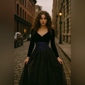 Tahari formal ball gown black velvet bodice blue Prom evening tulle skirt size 6